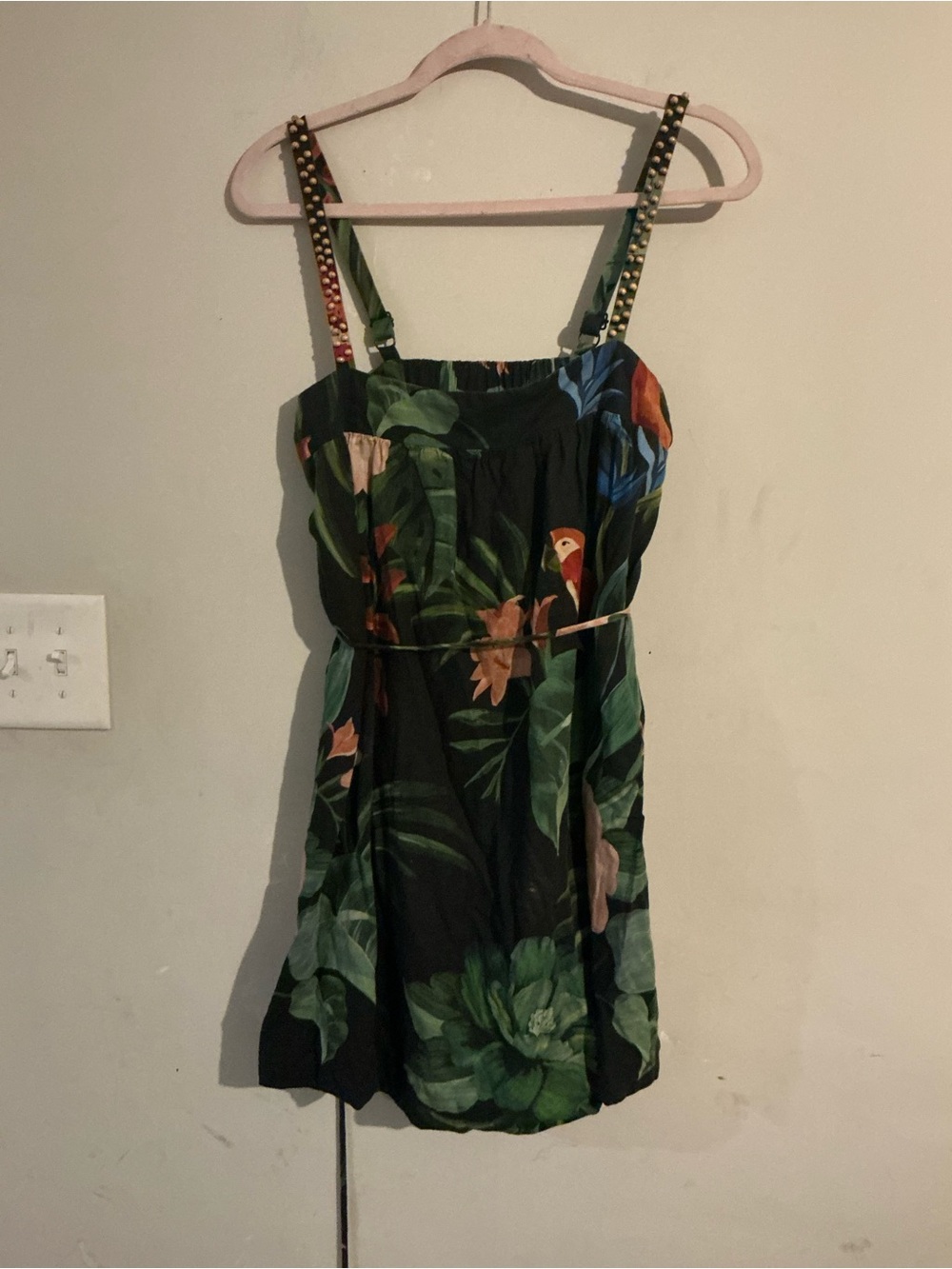 FARM Rio Black Tropical Mini Dress with Green Leaf Print